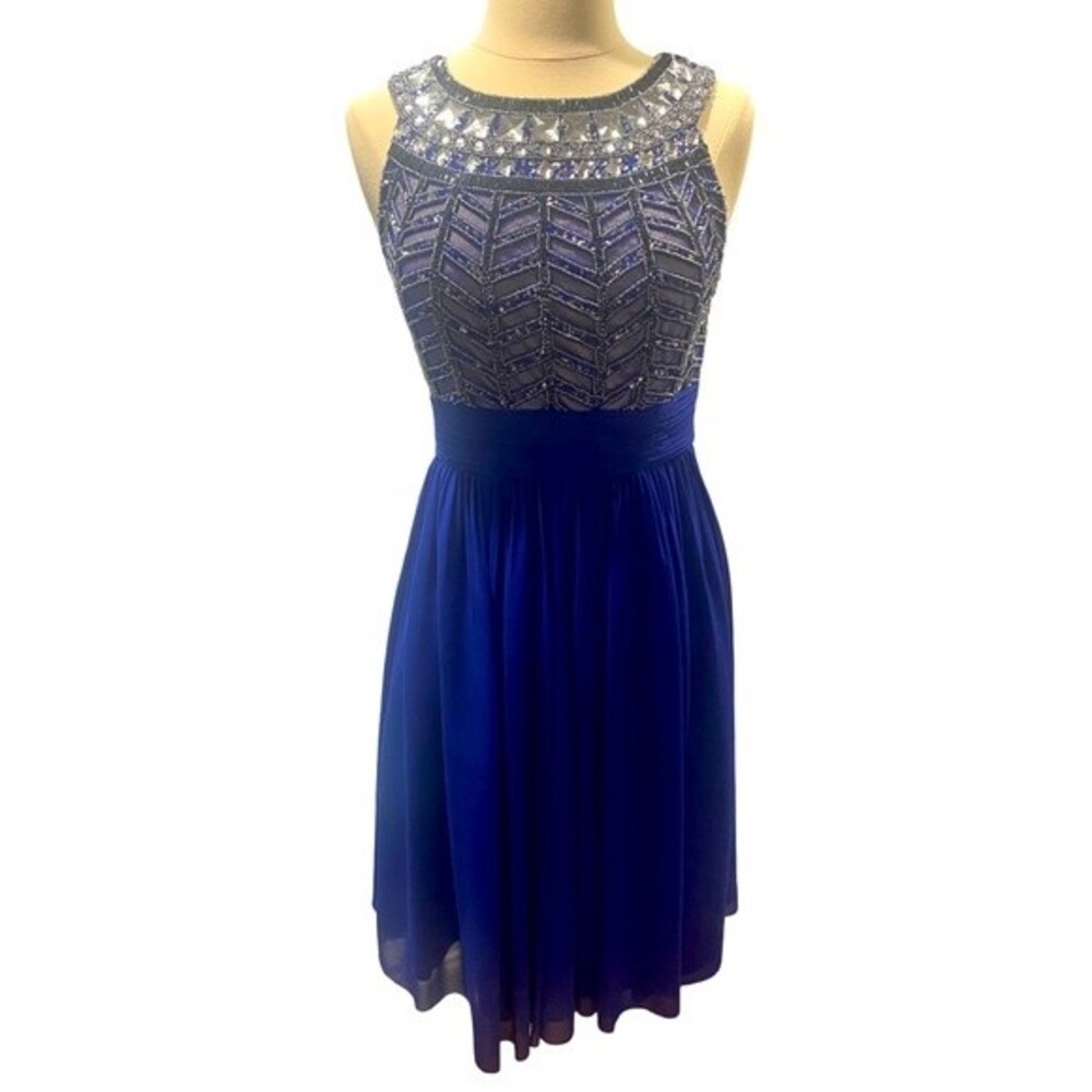 Royal Blue Rhinestone Studded Midi Bridesmaid Dress by JS Collections -size 4